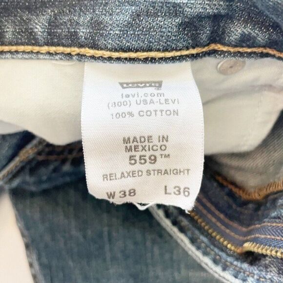 Mens Levis 559 38x33.5 Relaxed Straight Leg Blue Denim Jeans Distressed Vintage - Picture 8 of 12